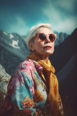 A 50 year old Caucasian woman smiling at the top of a mountain peak with blue skies and clouds in the background.の素材