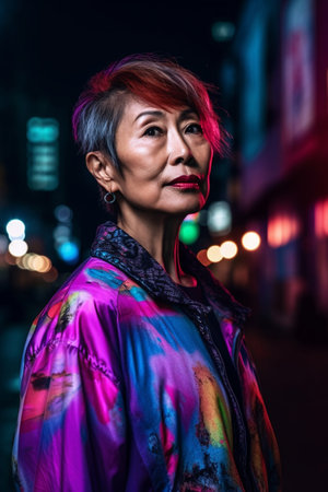 A 50 year old Asian woman poses in the middle of a busy city street at night with neon signs illuminating the background.の素材