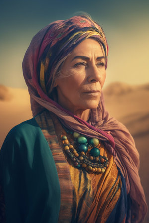 A 50-year-old Middle Eastern woman is being portrayed in a vast desert landscape.の素材
