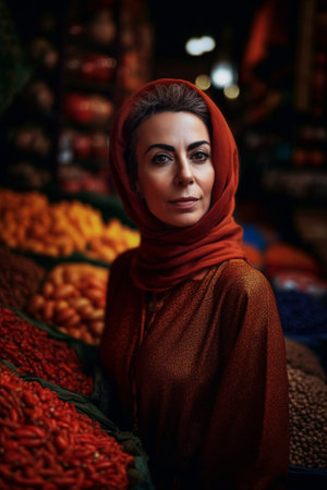 50-year-old Middle Eastern woman beams with a smile as she shops in a vibrant spice market.の素材
