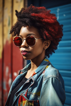 A 32 years old African-American woman is being portrayed in a modern urban setting.の素材