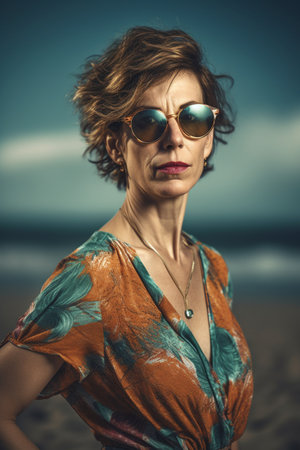 A 40-year-old Caucasian woman is being portrayed on a beach in a swimsuit.の素材