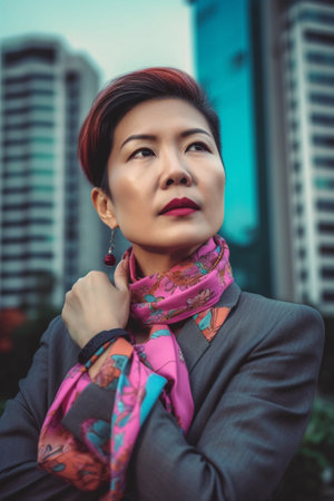 A 40-year-old Asian businesswoman is being portrayed in front of a skyscraper.の素材