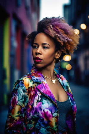 A 32 years old African-American woman is being portrayed in a modern urban setting.の素材