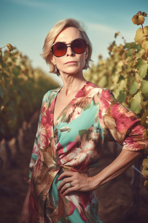 A 45 years old Caucasian woman is being portrayed in a picturesque vineyard.の素材