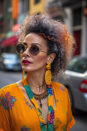 A 40-year-old Hispanic woman poses in the middle of a busy city street, surrounded by tall buildings and bright lights.の素材