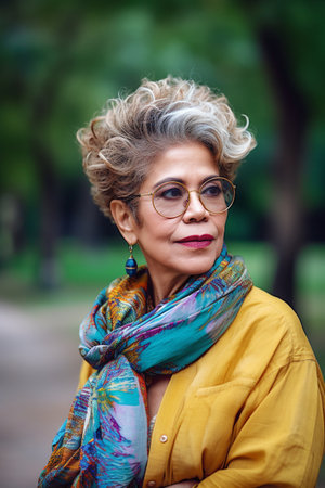 A 50 year old Hispanic woman is surrounded by trees and greenery in a peaceful city park.の素材