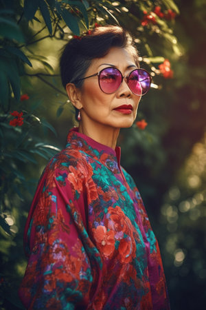 A 50-year-old Asian woman is being portrayed in a lush garden with colorful flowers and plants around her.の素材