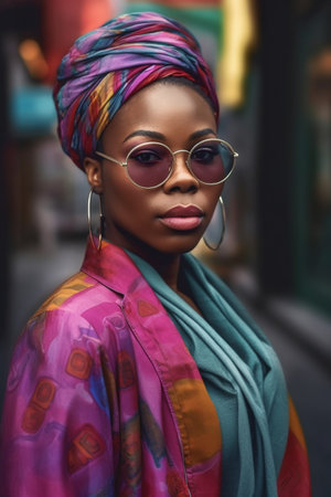 A 35-year-old African American woman is walking down a busy city street.の素材