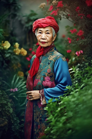 An elderly Asian woman is captured amid a serene garden.の素材