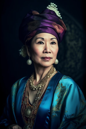 A 50-year-old Asian woman is being portrayed in a traditional dress.の素材