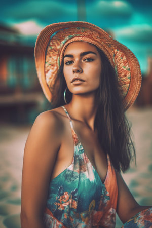 A woman 21 years old Latin American is being portrayed on a vibrant beach during a sunny dayの素材