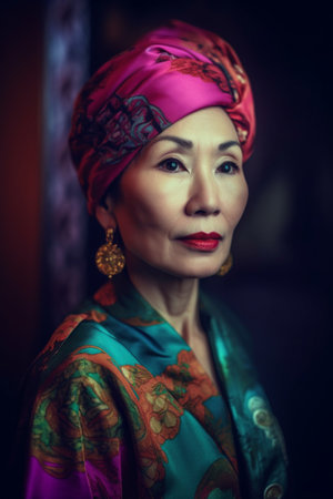 A 50 years old Asian woman is being portrayed in an elegant museum.の素材
