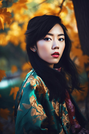 A serene Asian woman of 26 years old is captured walking in a tranquil park with greenery surrounding her.の素材