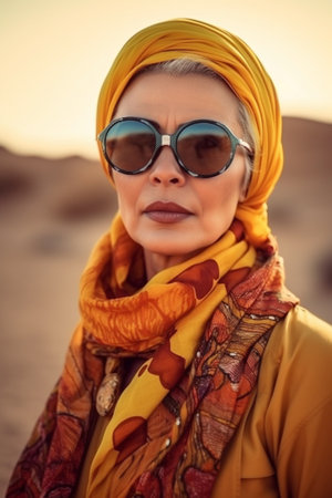 A 50-year-old Middle Eastern woman is being portrayed in a vast desert landscape.の素材
