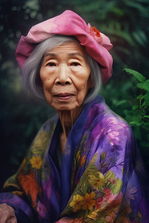 An elderly Asian woman is captured amid a serene garden.の素材