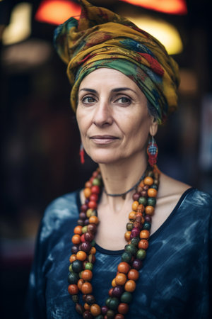 A 50-year-old woman of Middle Eastern descent haggles with vendors at a marketplace.の素材