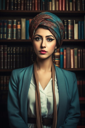 A young Middle Eastern woman is captured inside a peaceful library.の素材