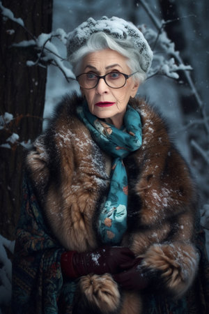 A 70-year-old European woman is being portrayed in a snowy forest.の素材
