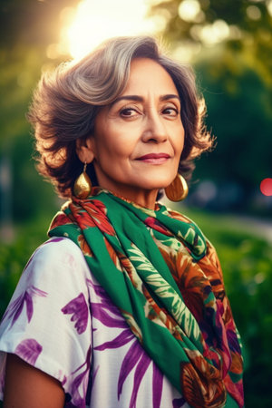 A 50 year old Hispanic woman is surrounded by trees and greenery in a peaceful city park.の素材