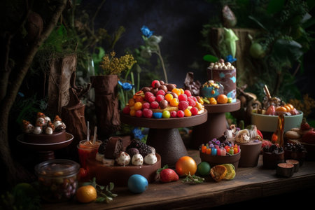 A chocolate and candy buffet bar at a magical forest partyの素材