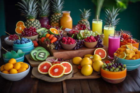 A colorful fruit buffet at a tropical pool partyの素材