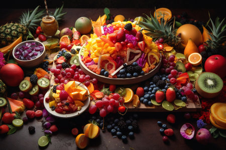 A colorful fruit buffet at a tropical pool partyの素材