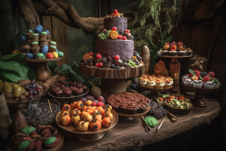 A chocolate and candy buffet bar at a magical forest partyの素材