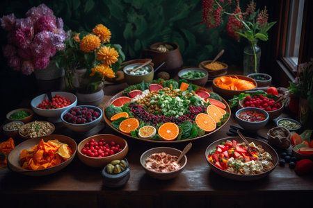 A healthy salad buffet in a zen gardenの素材