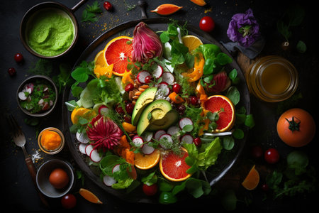 A healthy salad buffet with fresh greens and toppingsの素材