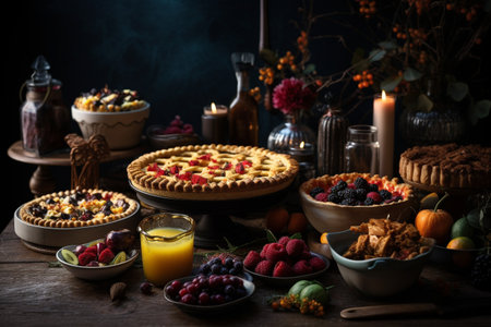 A Thanksgiving buffet with homemade pies and warm ciderの素材