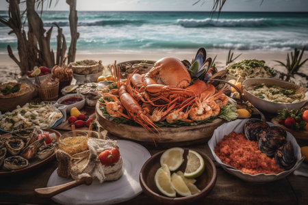 A seafood fiesta at a beachside buffetの素材