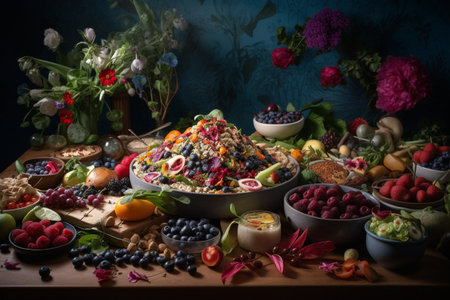 A healthy salad buffet in a modern art museumの素材