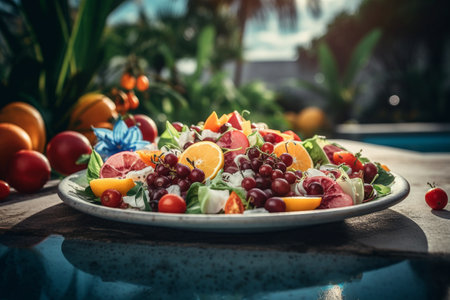 Refresh with crispy greens and veggies at a poolside salad barの素材