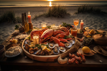 Indulge in a luxurious seafood buffet with stunning ocean views on the beachの素材
