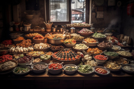 A traditional Korean buffet in a bustling marketの素材