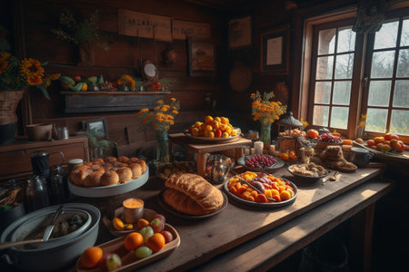 A rustic brunch buffet in a cozy cabinの素材