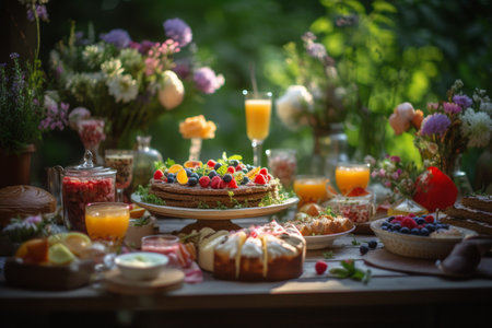 An elegant brunch buffet in a garden settingの素材