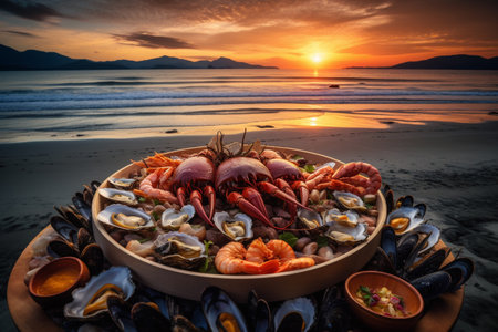 Indulge in a luxurious seafood buffet with stunning ocean views on the beachの素材