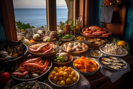 A seafood buffet at a seaside restaurant with ocean viewsの素材