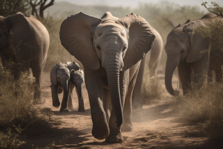 Baby elephant walking with family to a watering hole (generative AI)の素材