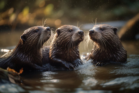 The otter cubs are playing with each other in a sparkling river, having a blast (generative AI)の素材