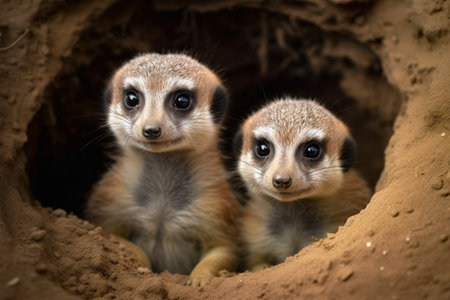 A clan of inquisitive meerkat pups are peeking out of their burrow to observe their surroundings (generative AI)の素材