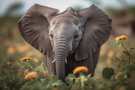 A curious baby elephant stops to smell some flowers on the African savannah (generative AI)の素材