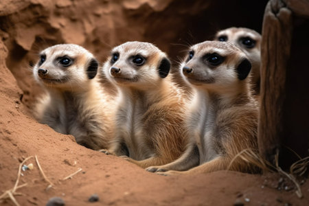 A clan of inquisitive meerkat pups are peeking out of their burrow to observe their surroundings (generative AI)の素材