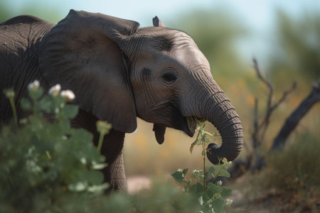 A curious baby elephant stops to smell some flowers on the African savannah (generative AI)の素材