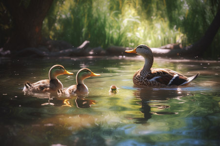 The cheerful ducklings paddle in a serene pond surrounded by lush trees (generative AI)の素材