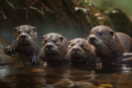 The otter cubs are having fun sliding on the river banks and jumping in the cool, transparent water of a pristine river surrounded by nature (generative AI)の素材