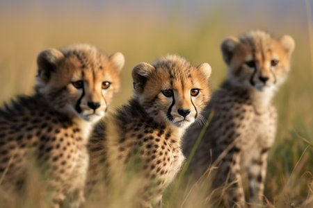 The cheetah cubs are learning to hunt and chase prey in the grassy savannah (generative AI)の素材