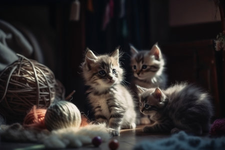 The adorable kittens enjoy their playtime with toys in a comfortable living room (generative AI)の素材